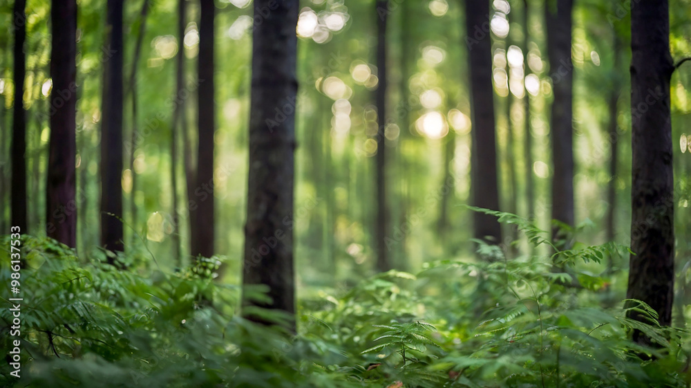 Obraz premium Blurred bokeh of a lush, green forest