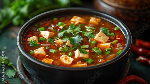 Vegetarian tofu soup can be garnished with fresh herbs like cilantro or green onions for added freshness