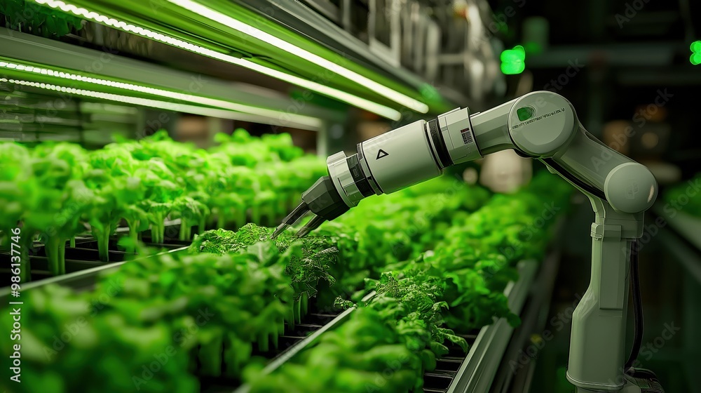 A Robotic Arm Irrigating Crops In A Modern Indoor Farm, With Multiple Tiers Of Plants. A Robotic Arm Irrigating Crops In A Modern Indoor Farm, With Multiple Tiers Of Plants.