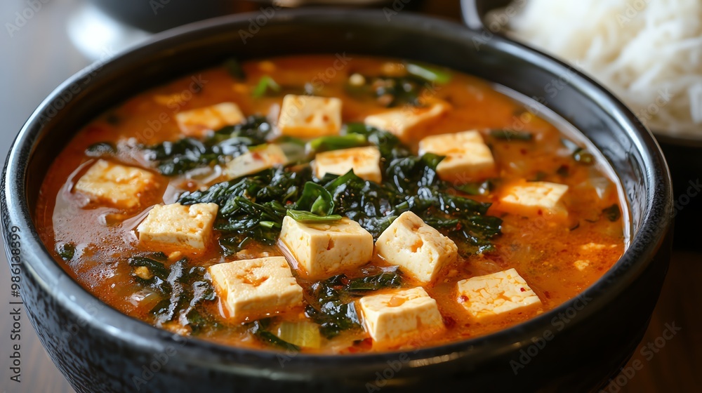 Vegetarian tofu soup is often served with a side of rice or noodles to make it a more filling meal Vegetarian tofu soup is often served with a side of rice or noodles to make it a more filling meal