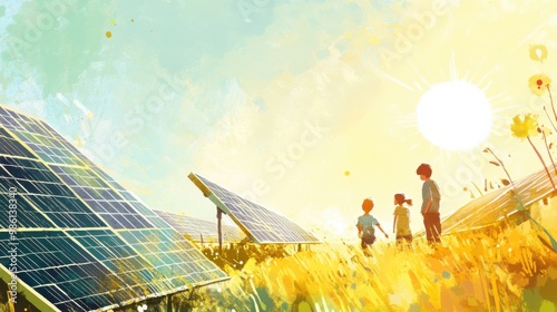 The concept of solar energy creating a sustainable future for the next generation in bright yellows and calming greens photo