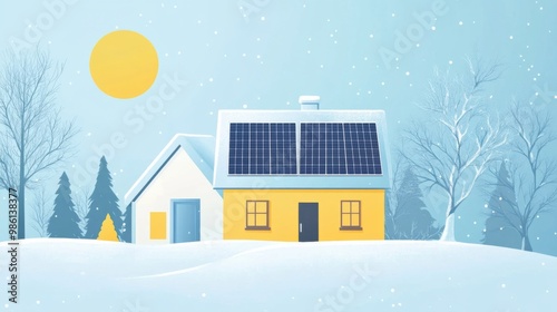 The concept of solar energy reducing heating costs in colder regions in icy blues and warm yellows