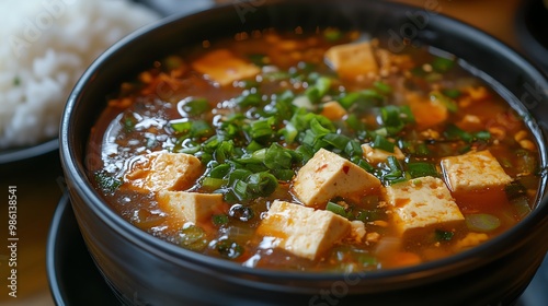 Vegetarian tofu soup is often served with a side of rice or noodles to make it a more filling meal