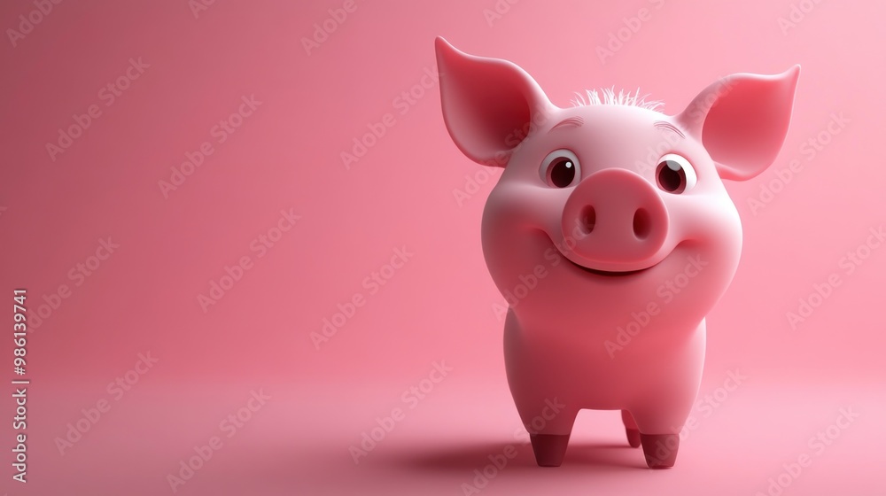 A cartoon pig with a big smile stands on a pink background.
