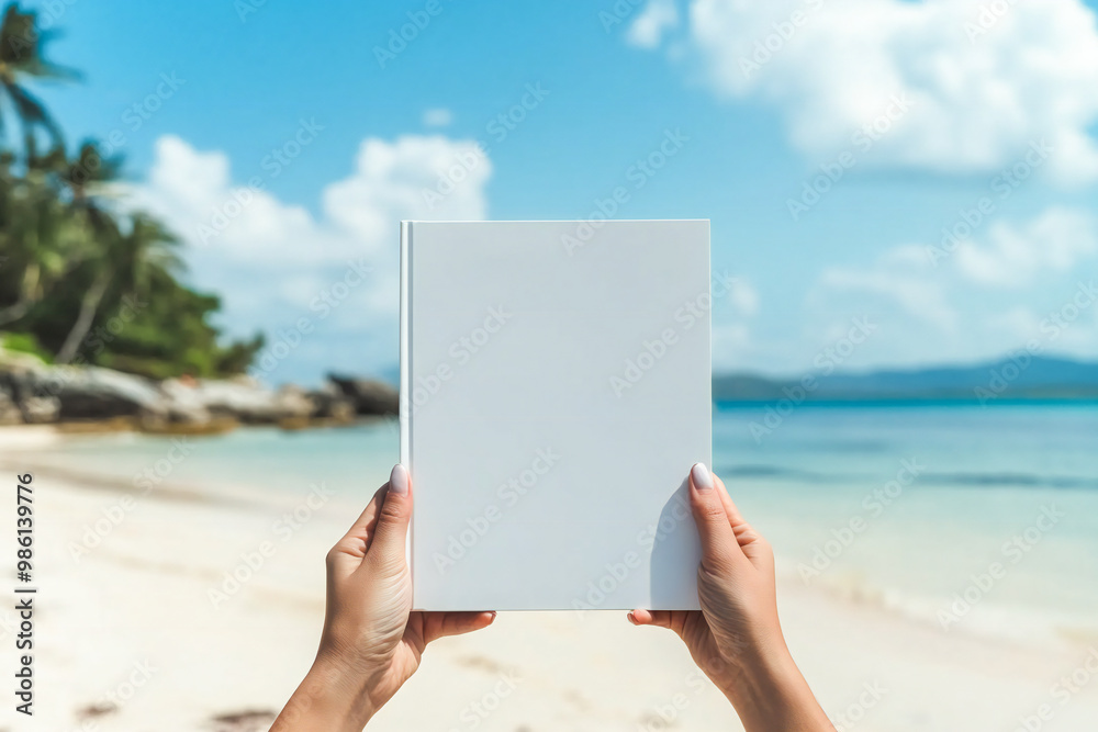 People hands holding a white book mockup with copy space in front of a beautiful beach People hands holding a white book mockup with copy space in front of a beautiful beach