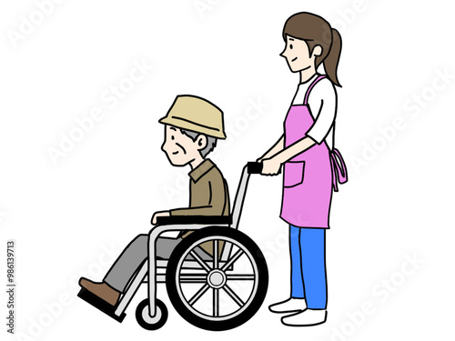 車椅子を押す女性のイラスト②