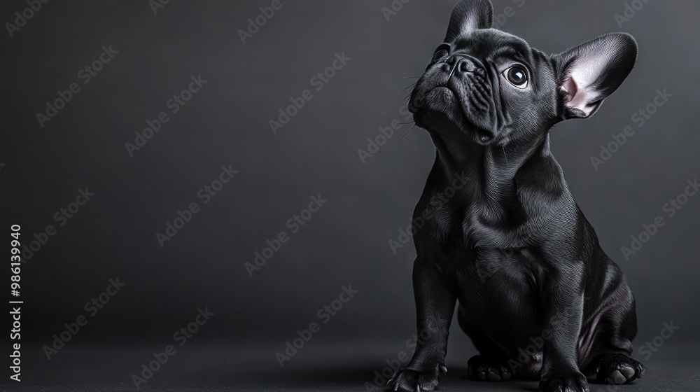Black French Bulldog puppy sitting on a dark background and looking up. Black French Bulldog puppy sitting on a dark background and looking up.