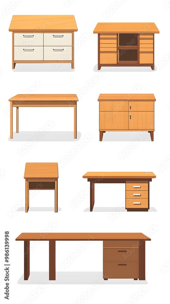 Set of vector illustrations of different wooden tables, desks, and cabinets isolated on a white background. Flat cartoon design. Set of vector illustrations of different wooden tables, desks, and cabinets isolated on a white background. Flat cartoon design.