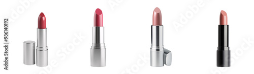 Four vibrant lipstick shades displayed in sleek tubes, showcasing a variety of colors and finishes.