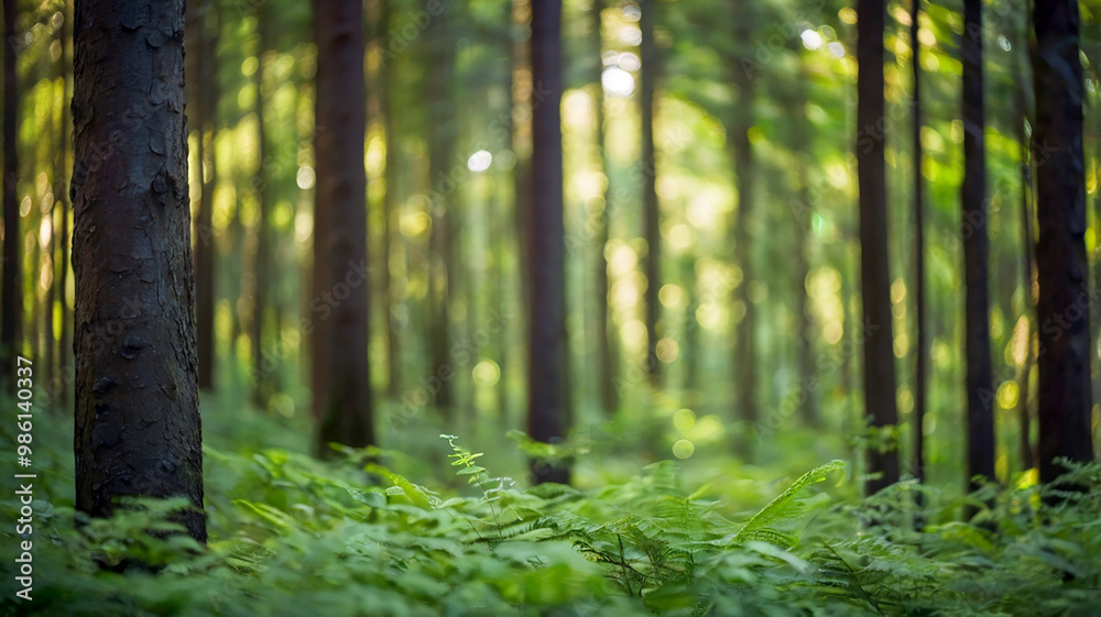 Naklejka premium Blurred bokeh of a lush, green forest