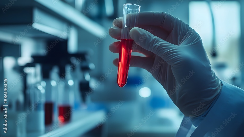 A gloved hand holding a test tube filled with red liquid in a laboratory setting. A gloved hand holding a test tube filled with red liquid in a laboratory setting.