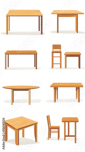 Set of vector illustrations of different wooden tables, desks, and cabinets isolated on a white background. Flat cartoon design.