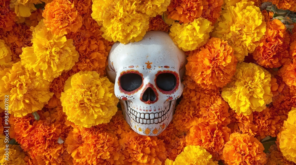 A sugar skull rests on a bed of marigolds, a traditional symbol of D?a de Muertos. A sugar skull rests on a bed of marigolds, a traditional symbol of D?a de Muertos.