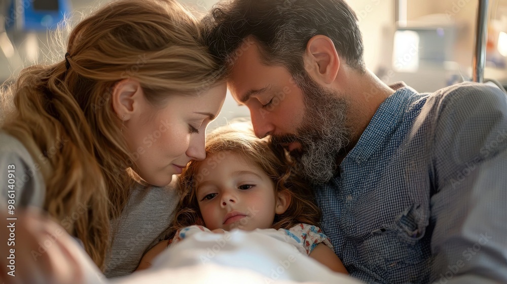 Parents comforting a child after a successful surgery in a softly lit hospital recovery room Parents comforting a child after a successful surgery in a softly lit hospital recovery room