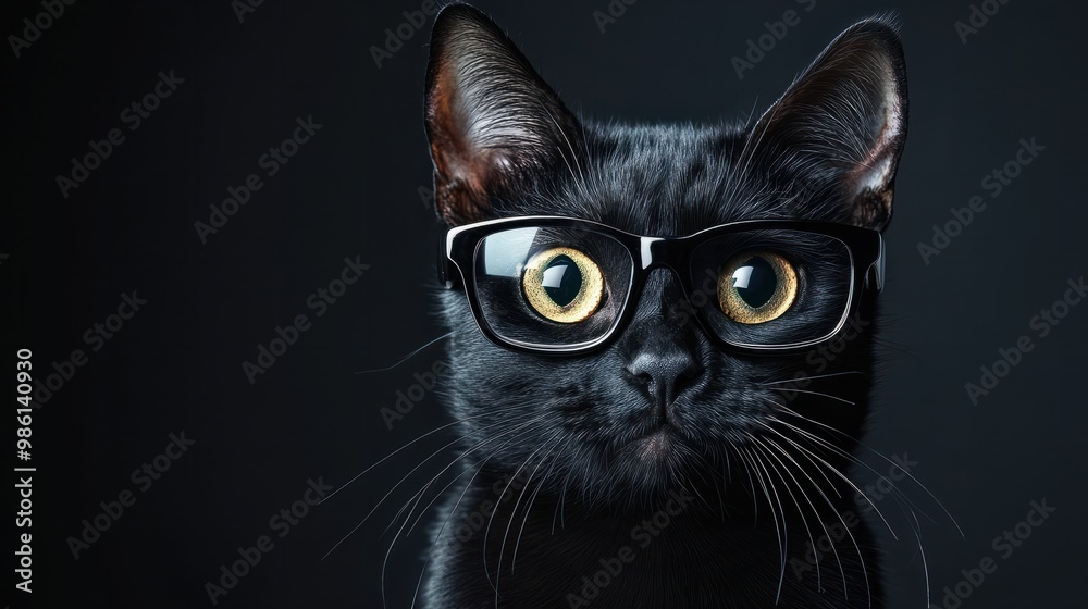 black cat in black glasses with empty space for text banner on the theme of halloween and black friday black cat in black glasses with empty space for text banner on the theme of halloween and black friday