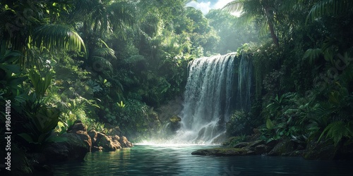 waterfall in a lush jungle 
