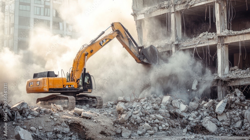 Excavator demolishing a building with a large cloud of dust. Excavator demolishing a building with a large cloud of dust.