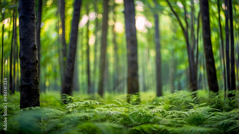 Fototapeta premium Blurred bokeh of a lush, green forest