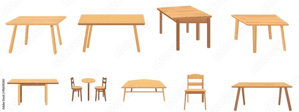 Set of vector illustrations of different wooden tables, desks, and cabinets isolated on a white background. Flat cartoon design. Set of vector illustrations of different wooden tables, desks, and cabinets isolated on a white background. Flat cartoon design.