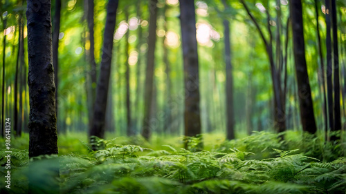 Blurred bokeh of a lush, green forest