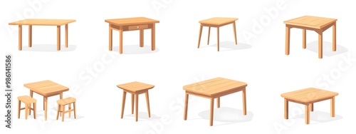 Set of vector illustrations of different wooden tables, desks, and cabinets isolated on a white background. Flat cartoon design.