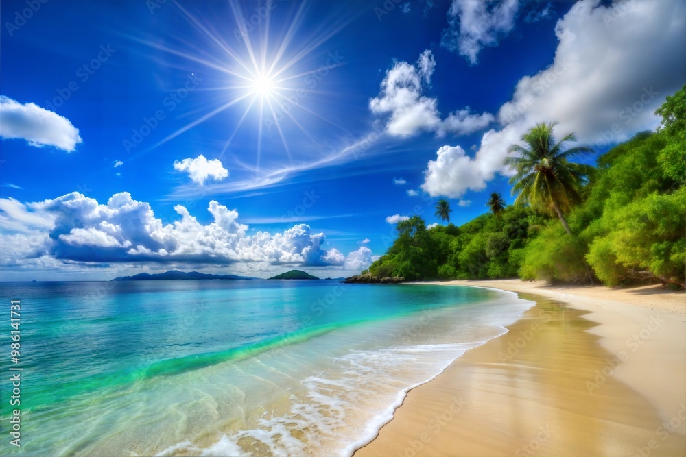 Tropical beach with white sand clear blue water and palm trees Tropical beach with white sand clear blue water and palm trees