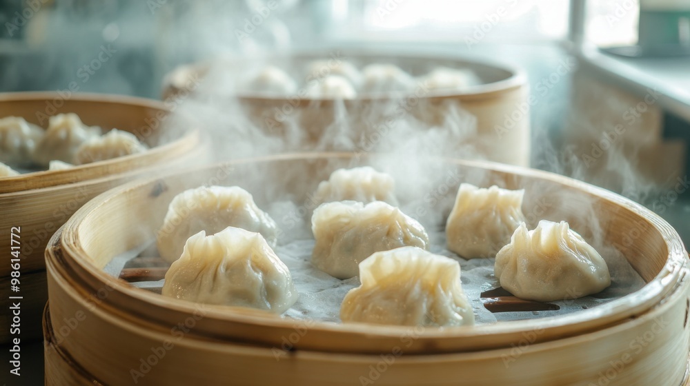 Delicious Chinese dumplings, steaming. Generative AI Delicious Chinese dumplings, steaming. Generative AI