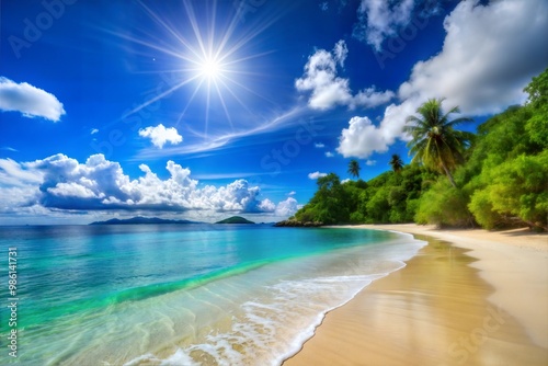 Tropical beach with white sand clear blue water and palm trees