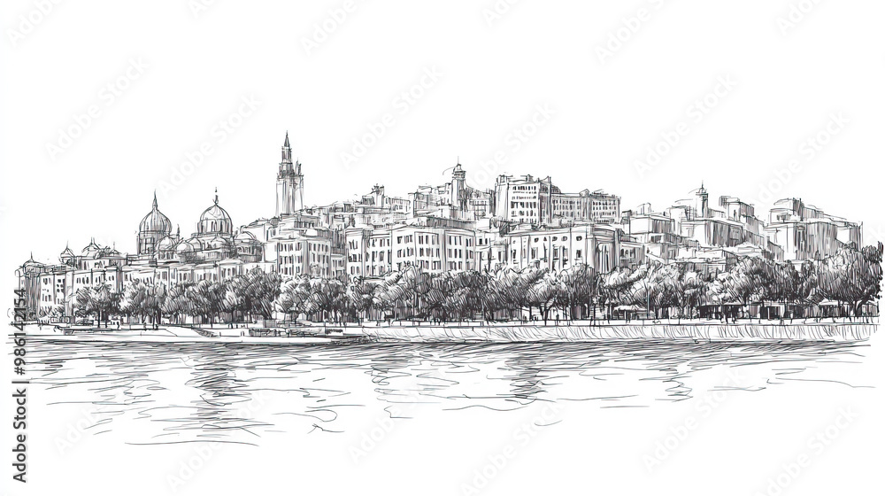 Fototapeta premium Baku, Azerbaijan, black and white pen pencil hand-drawn effect drawing illustration for travel poster, card, wallpaper, backdrop or banner. Modern, clear, artistic and simple