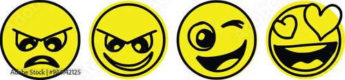 Yellow emoji cartoon vector set. Anger irritation rage smile rabies bewilderment curiosity confusion sadness hysteria nervousness various emotions, chats messengers communication mood emoticons