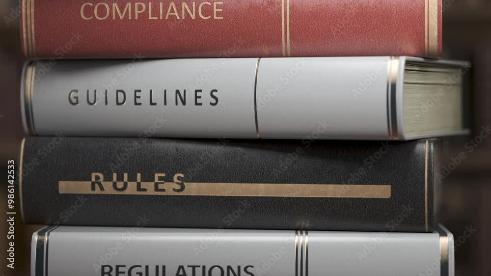 Stack of rules and regulations book. Law, rules and regulations concept. 3d animation