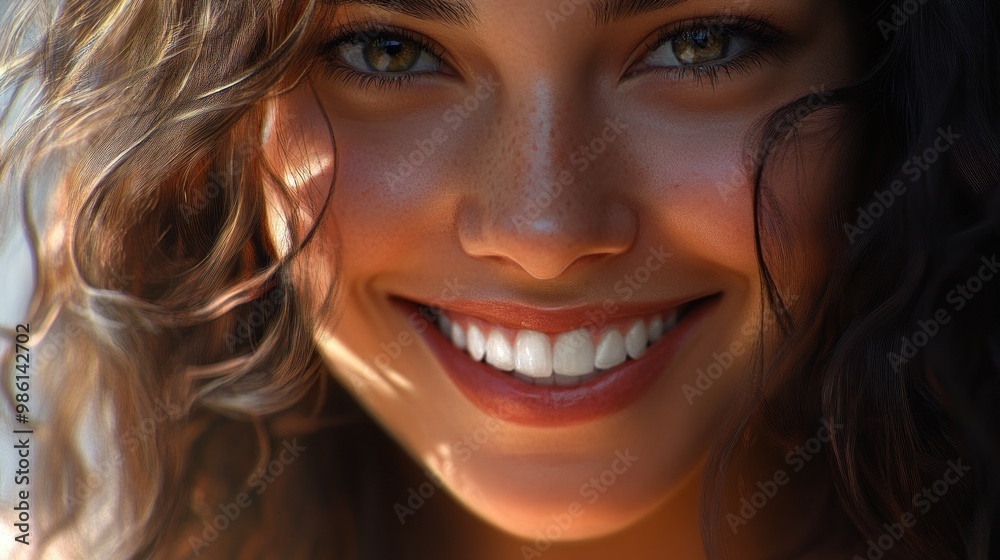 Close up of a smiling woman with brown curly hair, green eyes, and white teeth. Close up of a smiling woman with brown curly hair, green eyes, and white teeth.