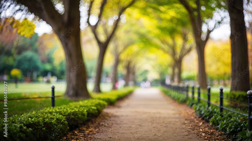 Fototapeta premium Blurred bokeh of a path through a tranquil park