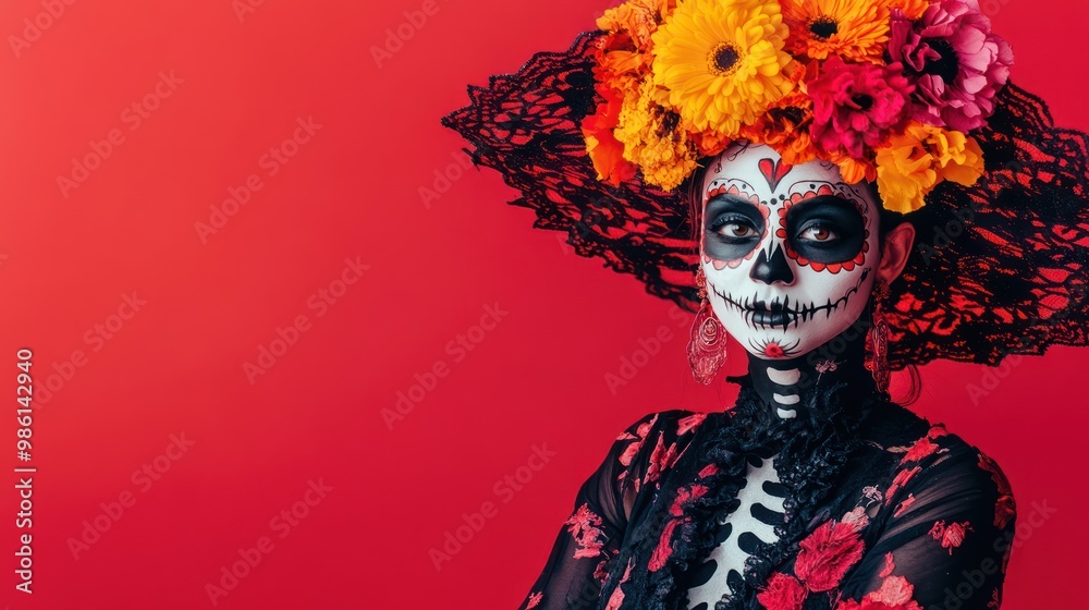 Woman in traditional Day of the Dead costume with sugar skull makeup and floral headdress against red background. Woman in traditional Day of the Dead costume with sugar skull makeup and floral headdress against red background.