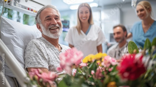 Elderly man smiles as his family visits him in the hospital after surgery, his room filled with fresh flowers and warm, natural light photo