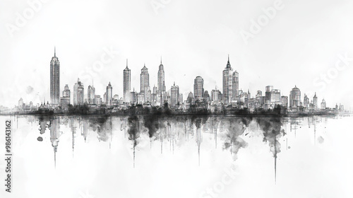 Bandar Lampung, Indonesia, black and white pen pencil hand-drawn effect drawing illustration for travel poster, card, wallpaper, backdrop or banner. Modern, clear, artistic and simple photo