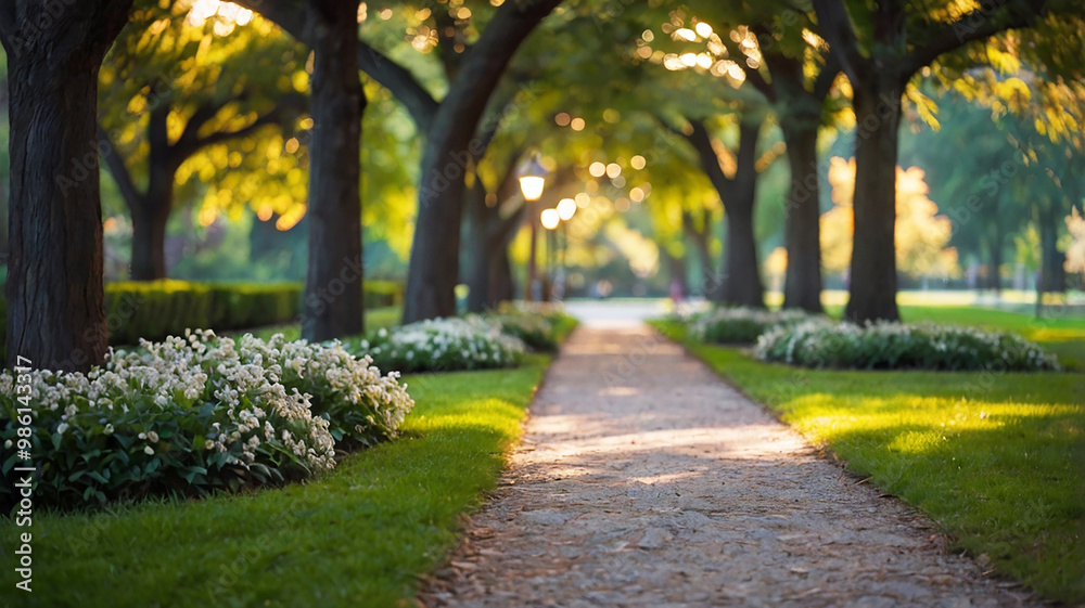 Blurred bokeh of a path through a tranquil park Blurred bokeh of a path through a tranquil park