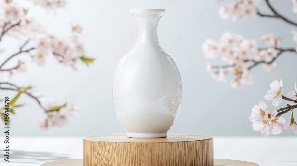 Elegant white porcelain sake bottle displayed on a wooden pedestal surrounded by delicate cherry blossoms.
