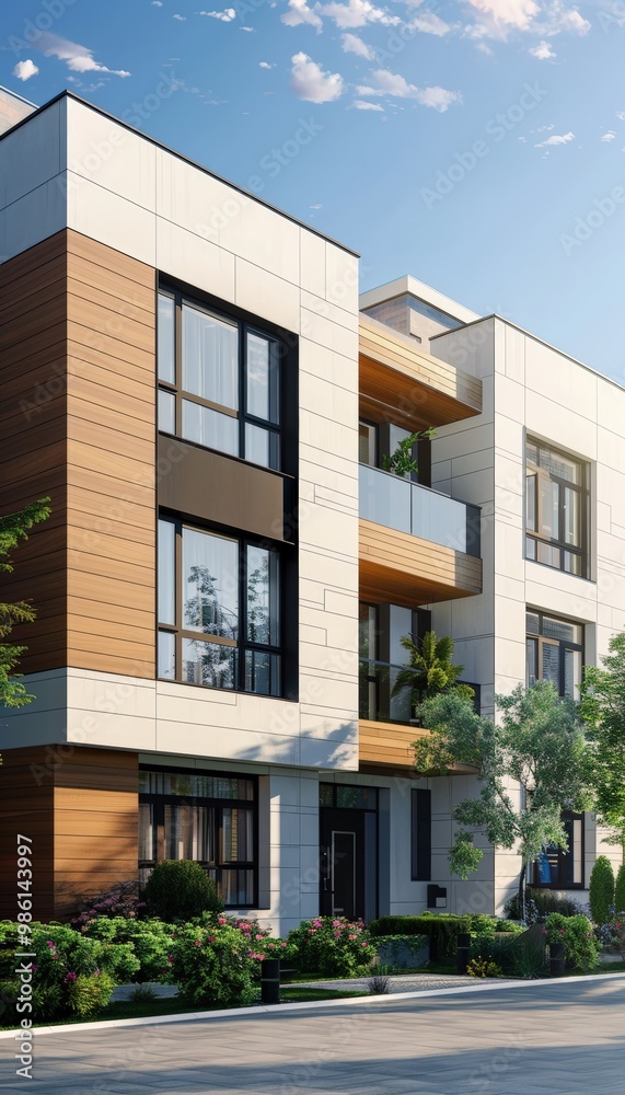 Modern Residential Building with Energy-Efficient Design in a Sunny, Vibrant Neighborhood Modern Residential Building with Energy-Efficient Design in a Sunny, Vibrant Neighborhood