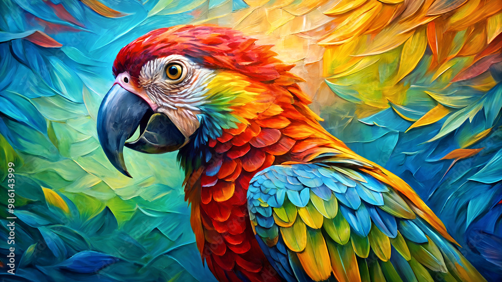 Obraz premium Bright colorful parrot oil painting and palette knife, conceptual portrait