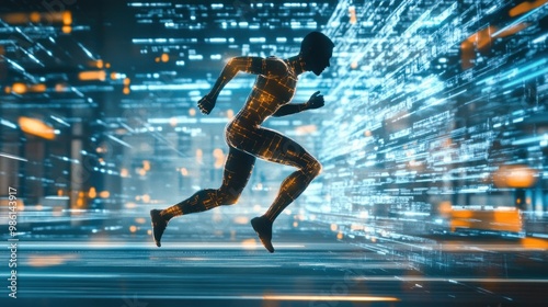 Digital man running in a futuristic city at night.