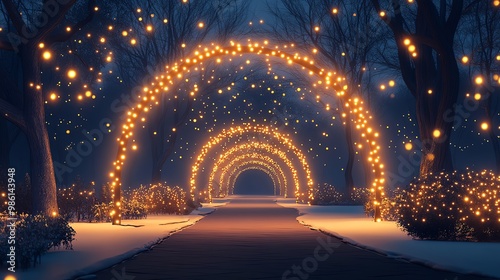 Christmas lights forming a glowing archway in a park, flat design illustration photo