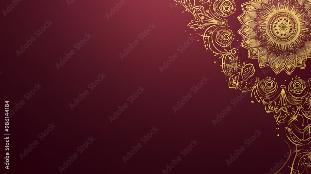 Fototapeta premium A purple card with a golden mandala ornament on the right side, featuring a flat design, simple shapes, and a minimalistic style. The color scheme is elegant and sophisticated