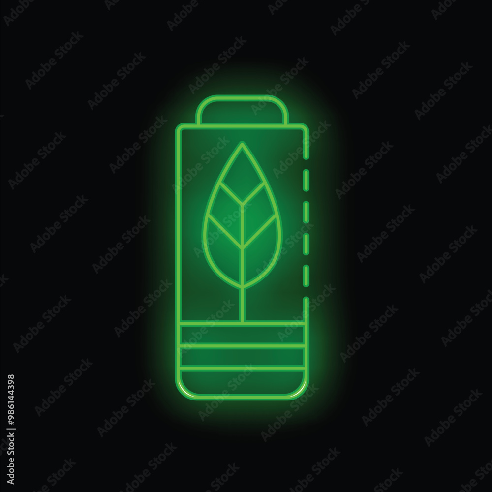 Bright green neon battery icon glowing on a dark background, symbolizing eco friendly power solutions Bright green neon battery icon glowing on a dark background, symbolizing eco friendly power solutions
