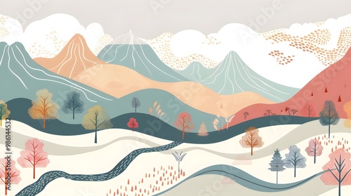 Scenic Nature Landscape with Mountains and Trees – Vector 