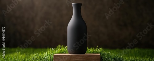 A sleek black sake bottle stands elegantly on a wooden surface, surrounded by lush grass, showcasing modern design and minimalism.