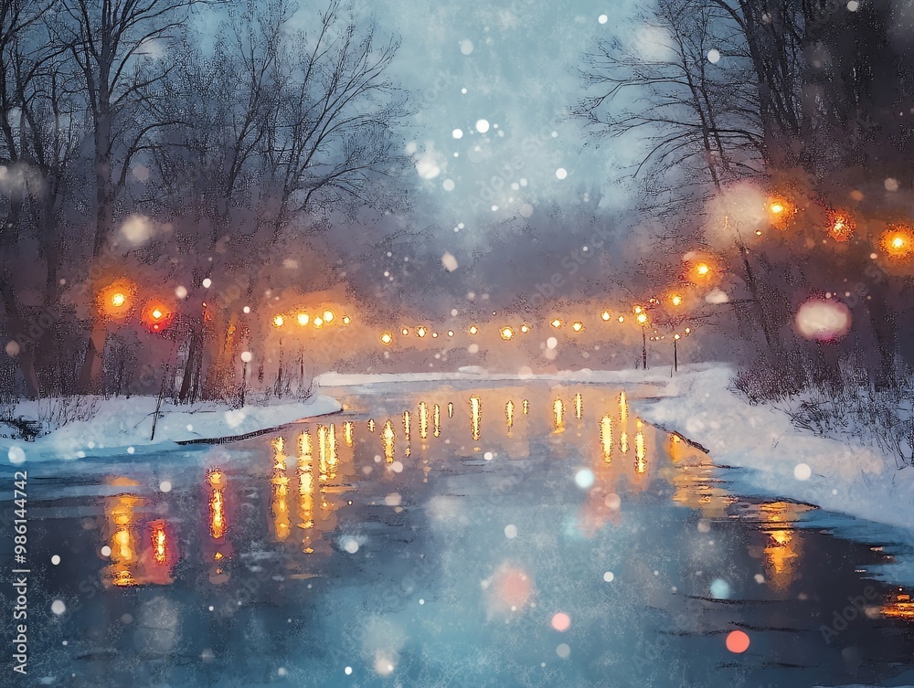 Christmas lights, reflecting on a frozen pond, winter wonderland scene, watercolor style Christmas lights, reflecting on a frozen pond, winter wonderland scene, watercolor style