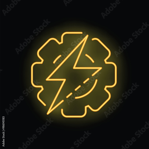 Glowing neon yellow icon of a gear with a lightning bolt, symbolizing energy and power on a black background