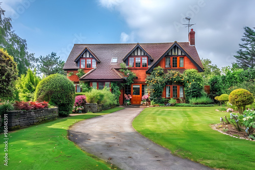 house in the country in modern country estate at Lowes house, Colonial house with balcony and well maintained garden, victorian house surrounded by lush greenery and flowers in garden, 