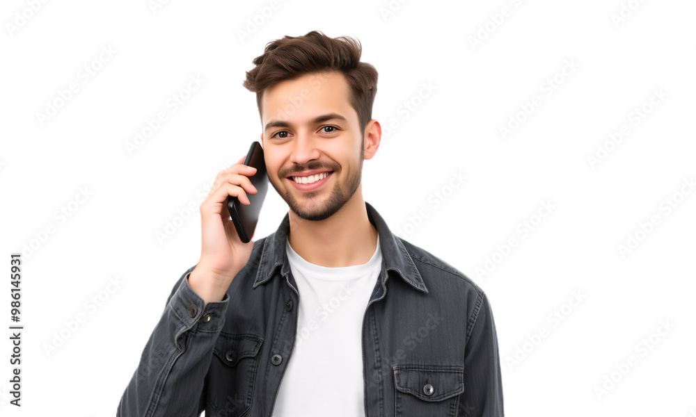 Fototapeta premium smiling man using mobile phone isolated on transparent background